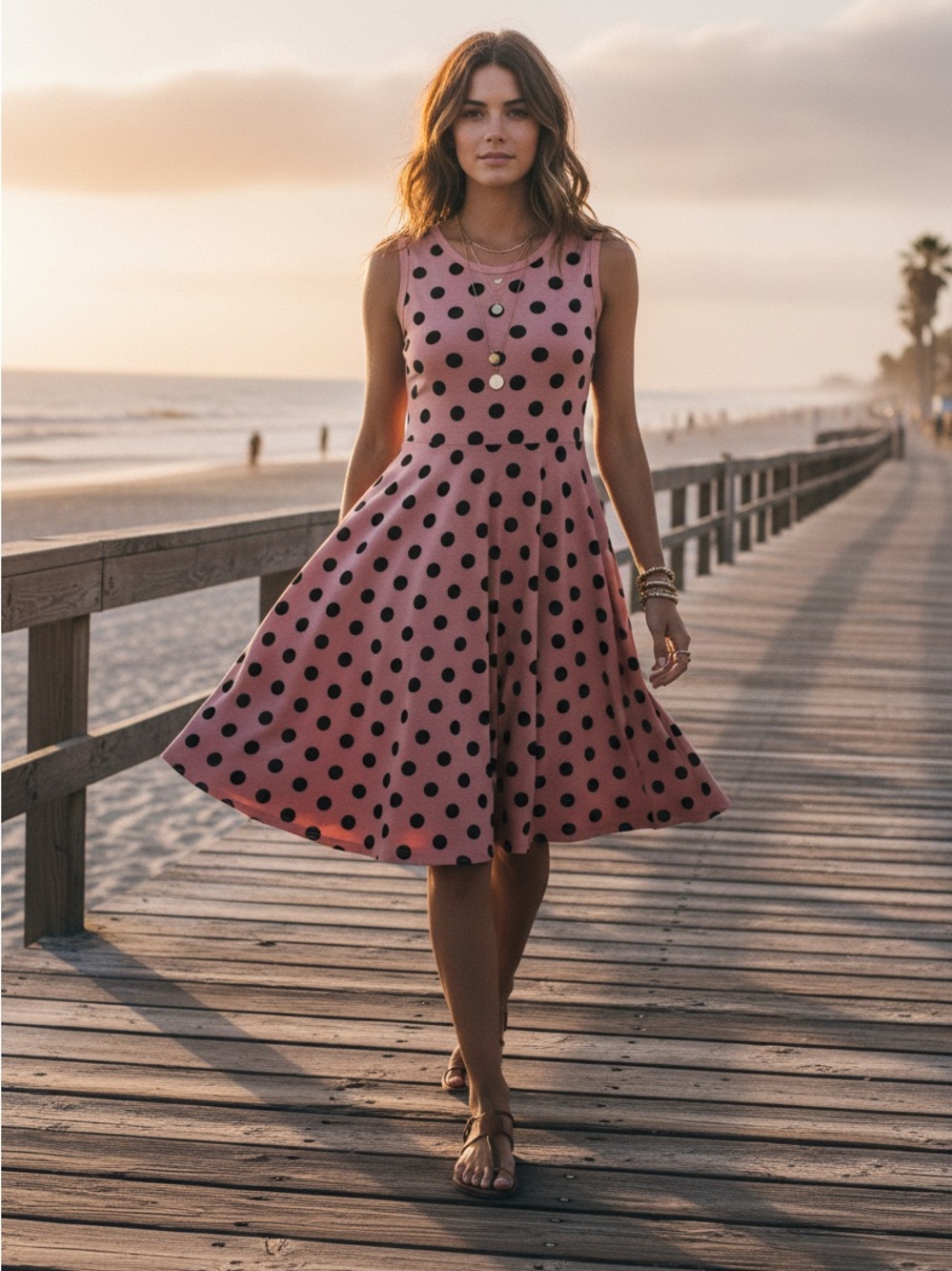 Nicki • A-Line • Sleeveless • Fit and Flare Dress • Salmon Polka Dot